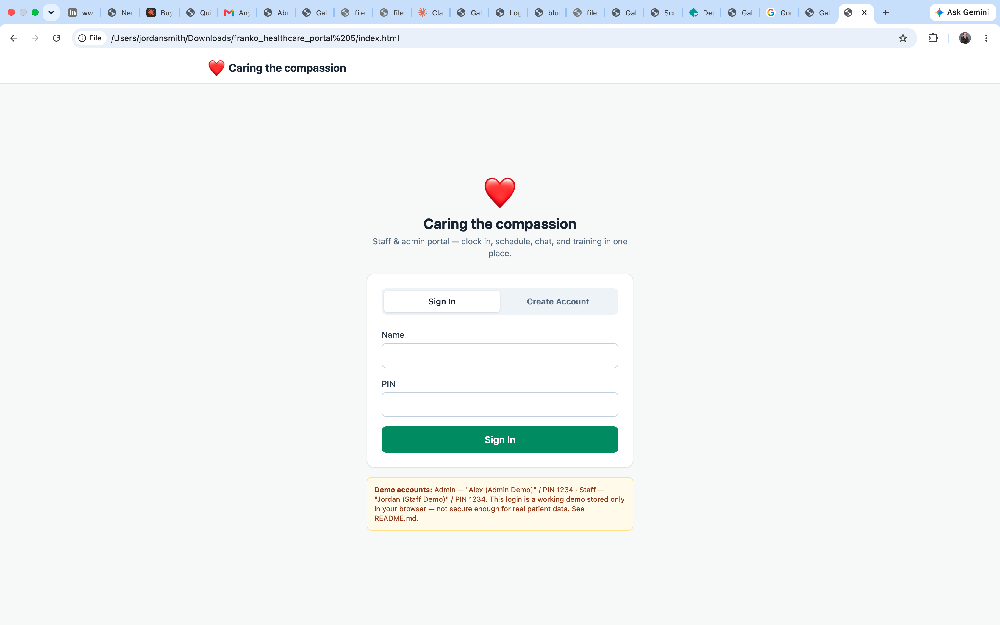 Care with Compassion home screen with staff, admin, and client sign-in cards